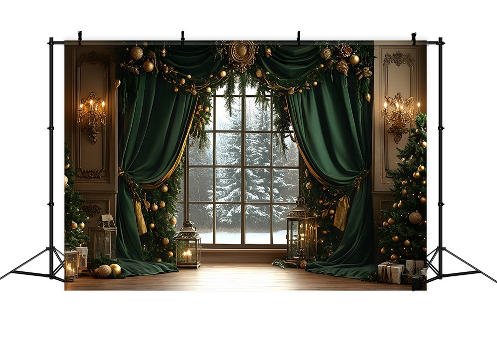 Toile de fond Fenêtre Guirlande et Sapins Enneigés de Noël RR8-87