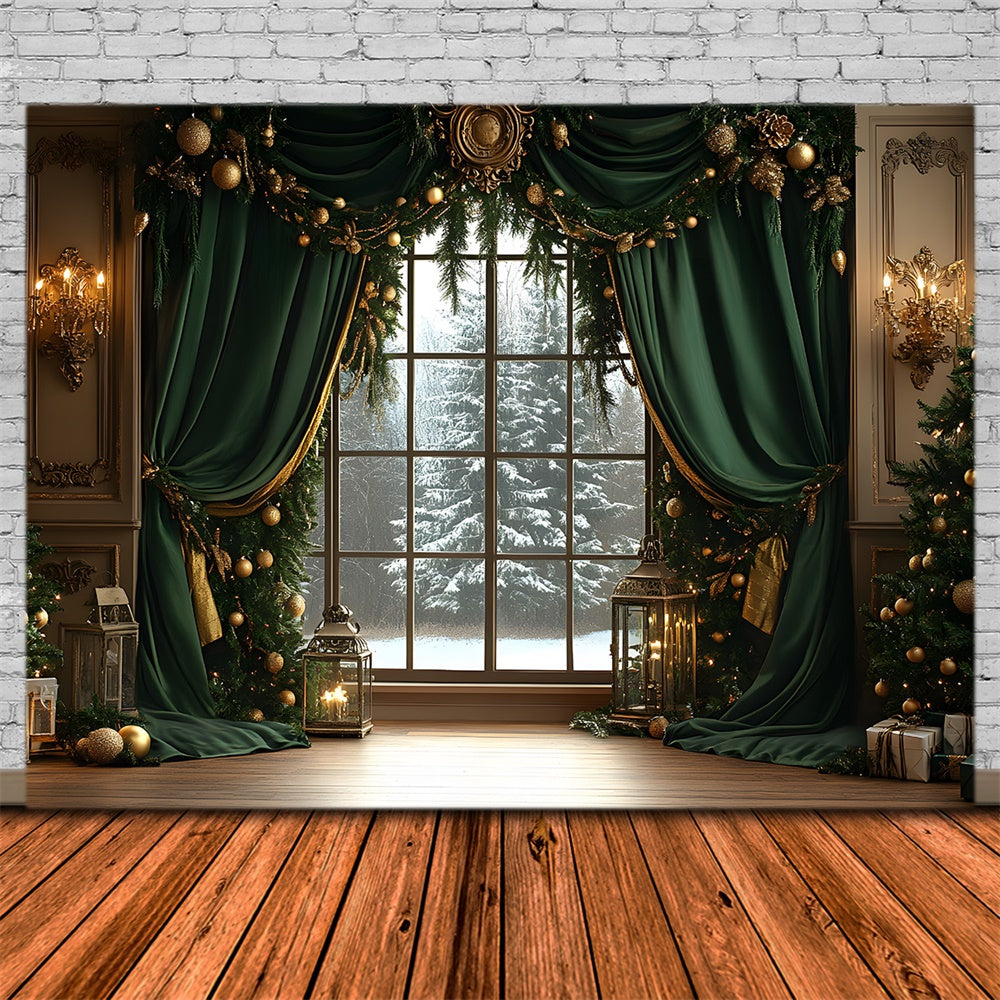 Toile de fond Fenêtre Guirlande et Sapins Enneigés de Noël RR8-87