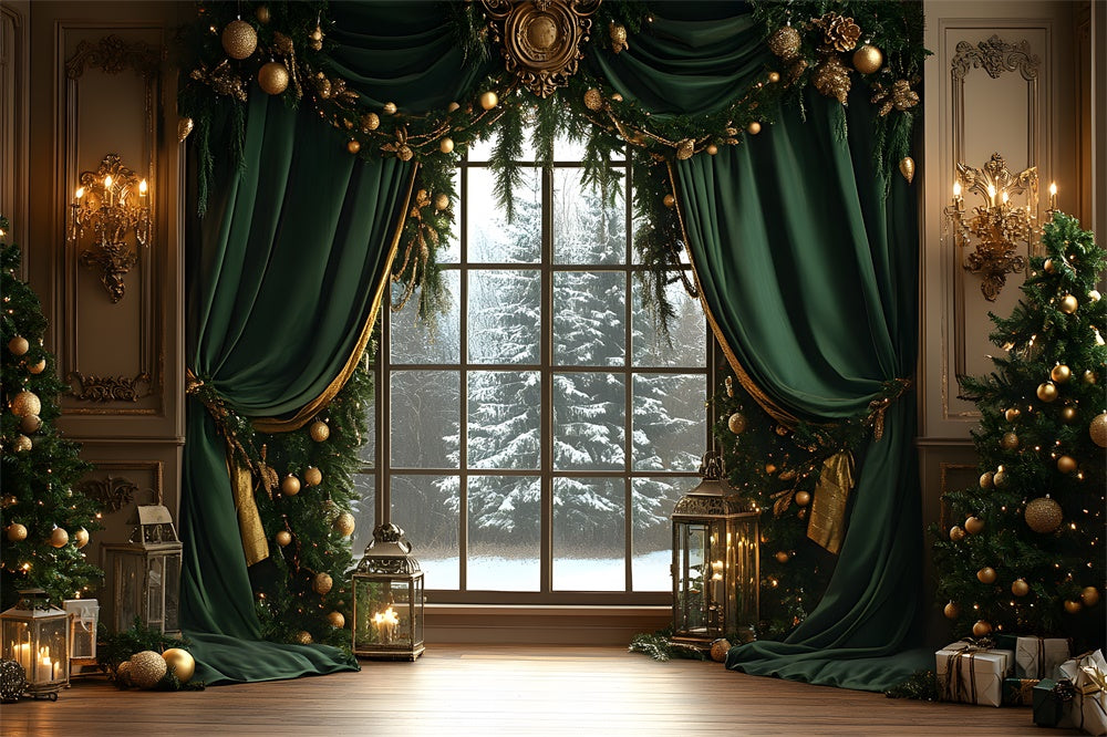 Toile de fond Fenêtre Guirlande et Sapins Enneigés de Noël RR8-87
