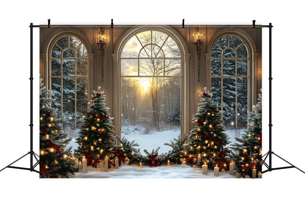 Toile de fond Sapins Bougies Fenêtre Enneigée de Noël RR8-89