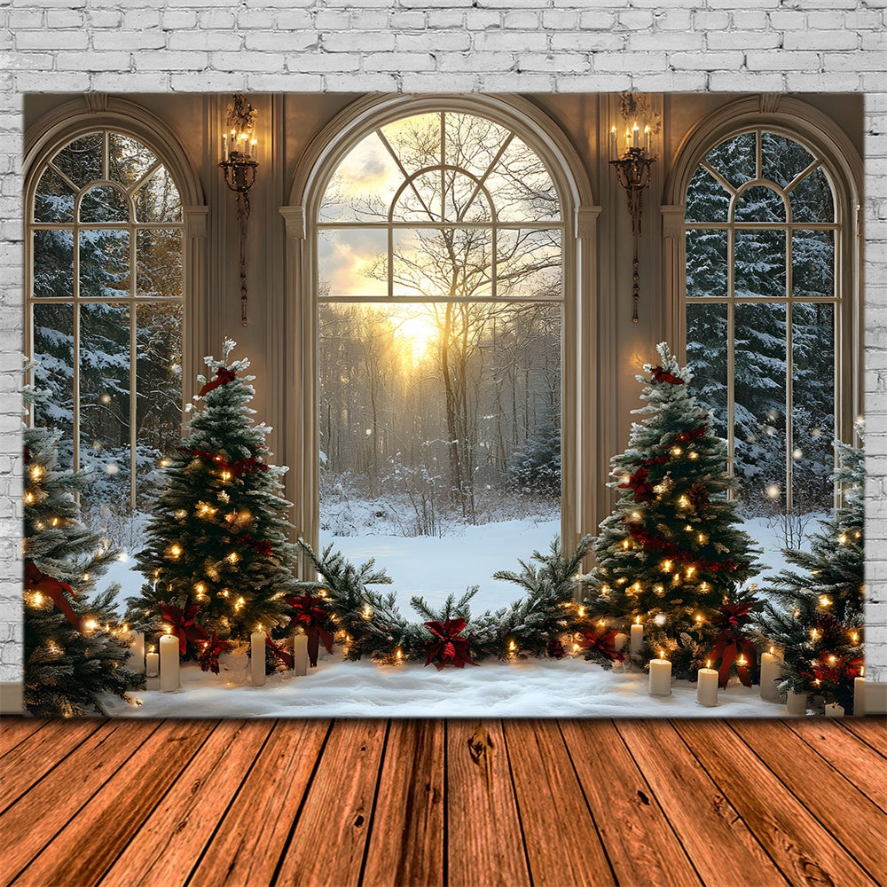 Toile de fond Sapins Bougies Fenêtre Enneigée de Noël RR8-89