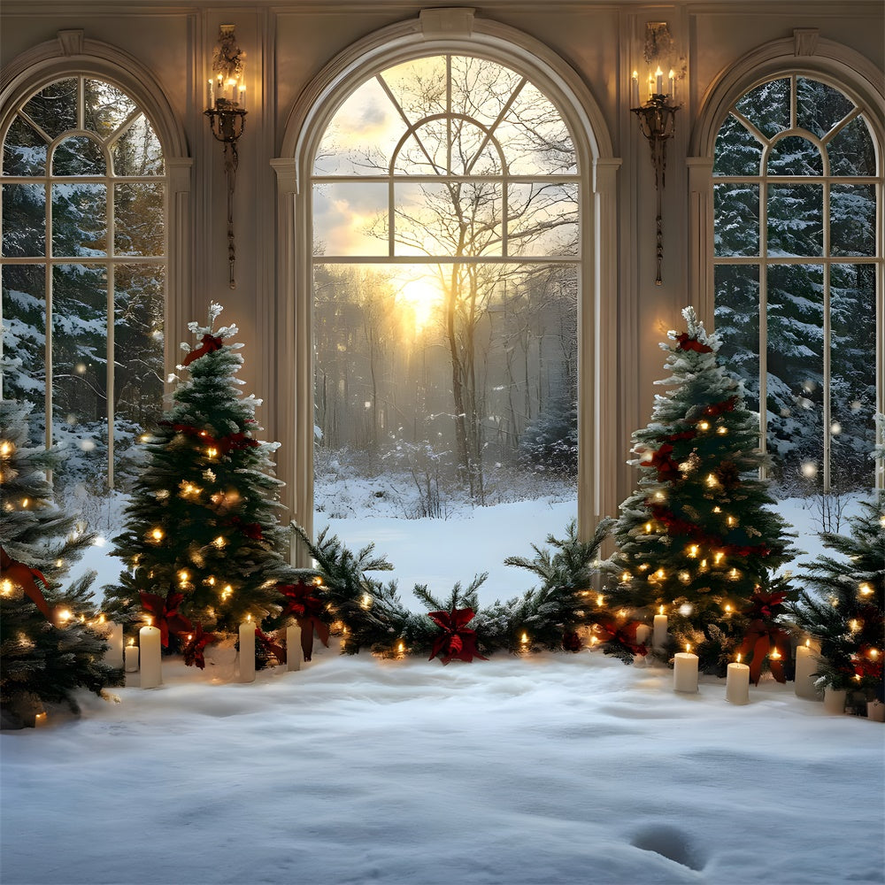 Toile de fond Sapins Bougies Fenêtre Enneigée de Noël RR8-89