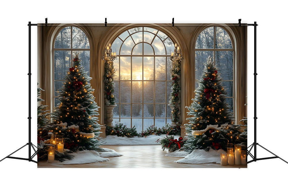 Toile de fond Sapins Fenêtre Forêt Enneigée de Noël RR8-90