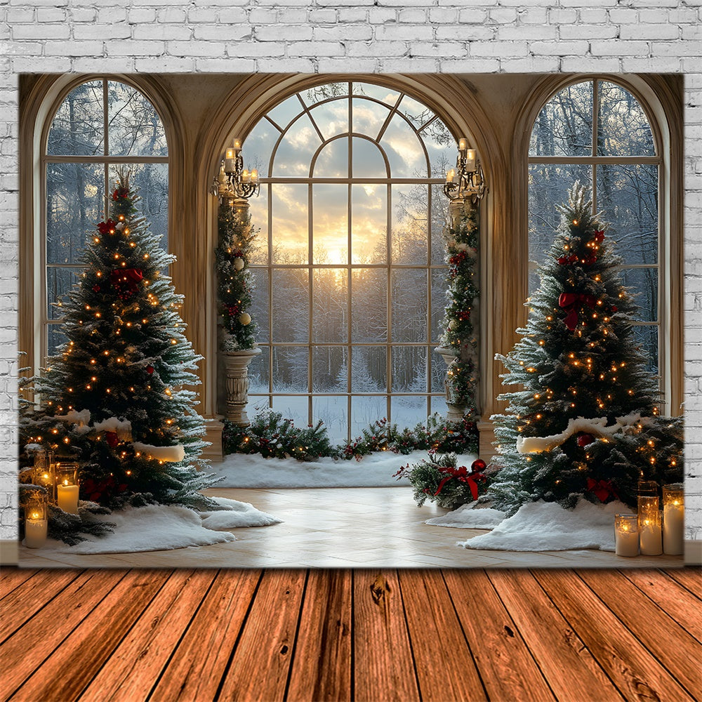 Toile de fond Sapins Fenêtre Forêt Enneigée de Noël RR8-90