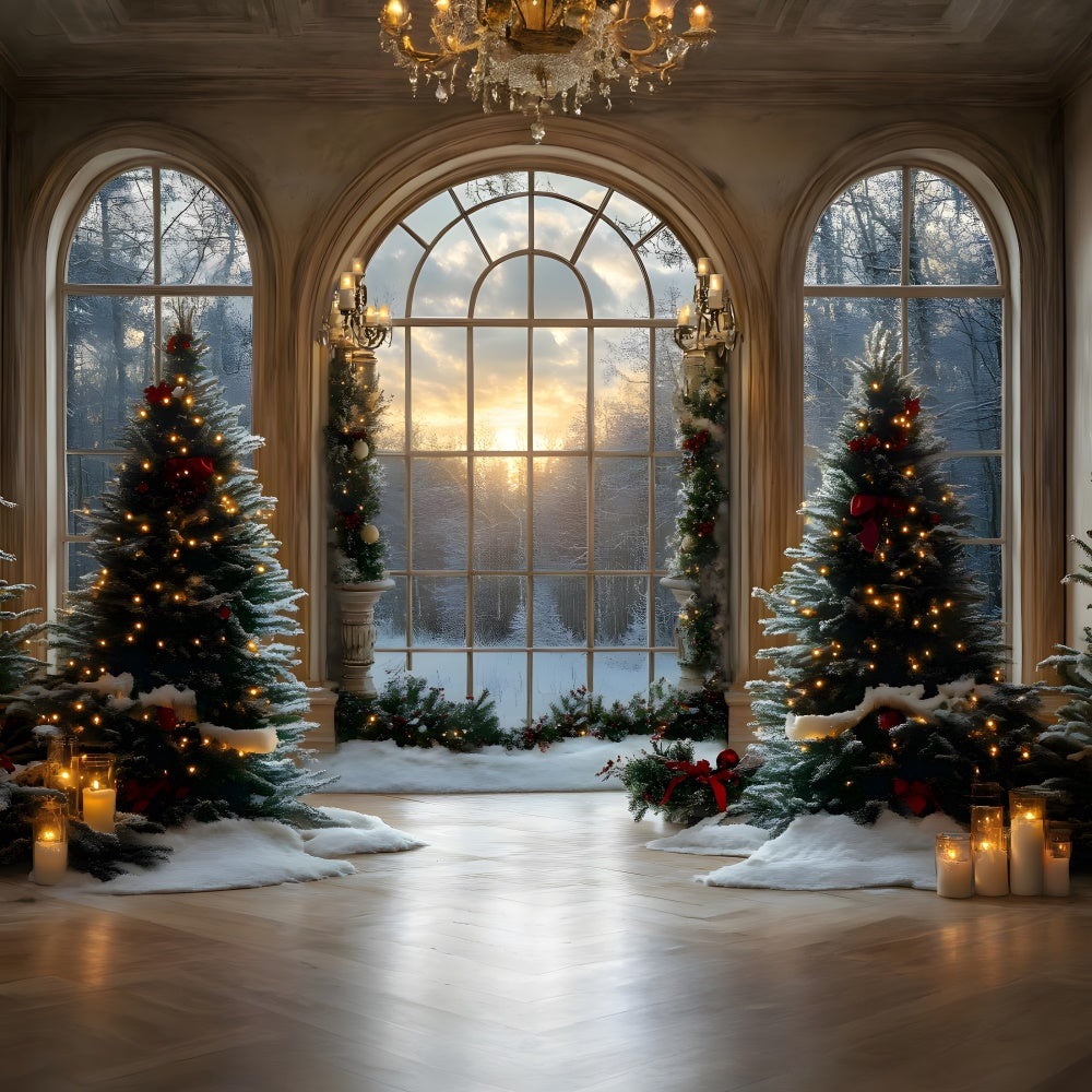 Toile de fond Sapins Fenêtre Forêt Enneigée de Noël RR8-90