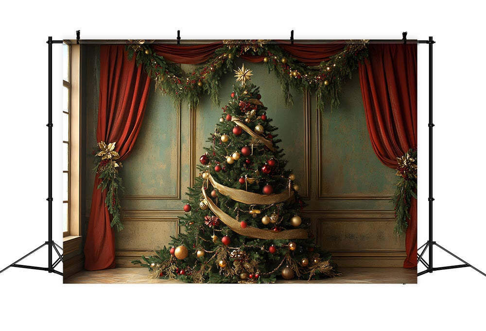 Toile de fond Sapin Rideau Rouge et Guirlande de Noël RR8-93