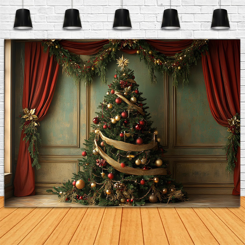 Toile de fond Sapin Rideau Rouge et Guirlande de Noël RR8-93