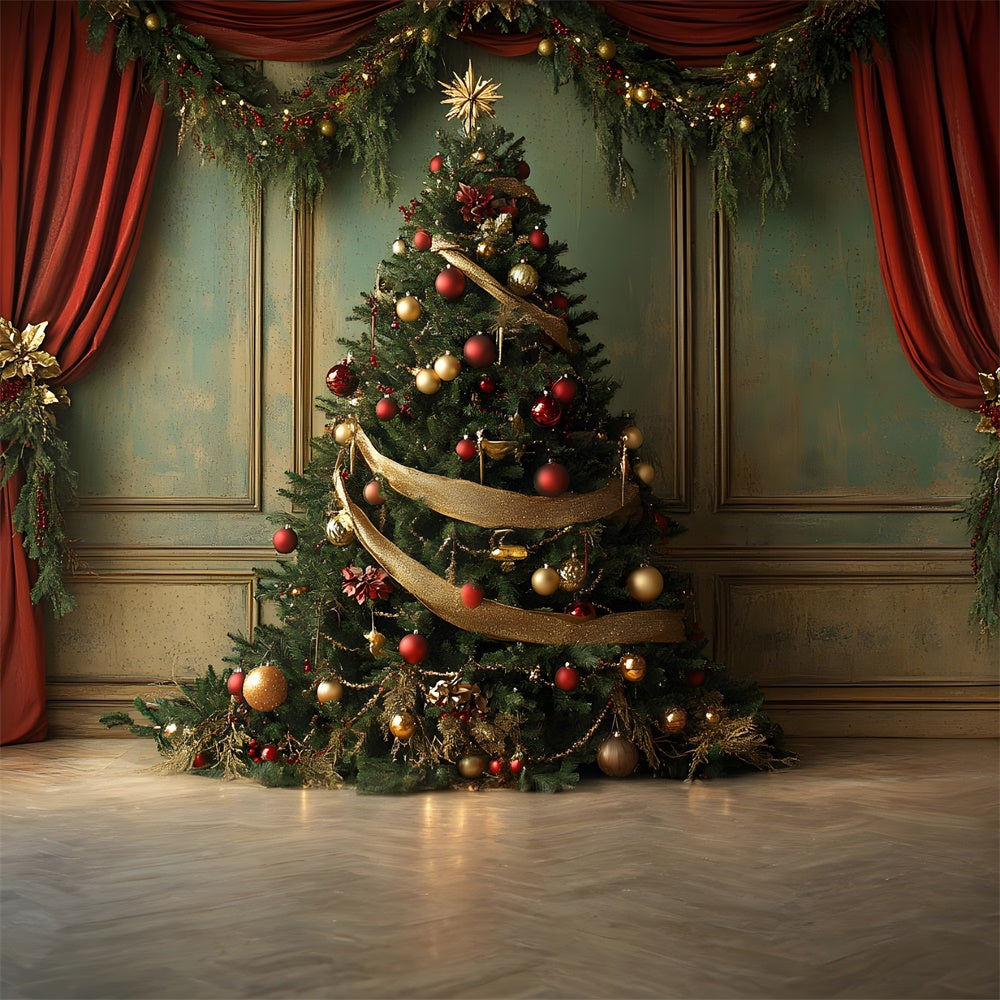 Toile de fond Sapin Rideau Rouge et Guirlande de Noël RR8-93