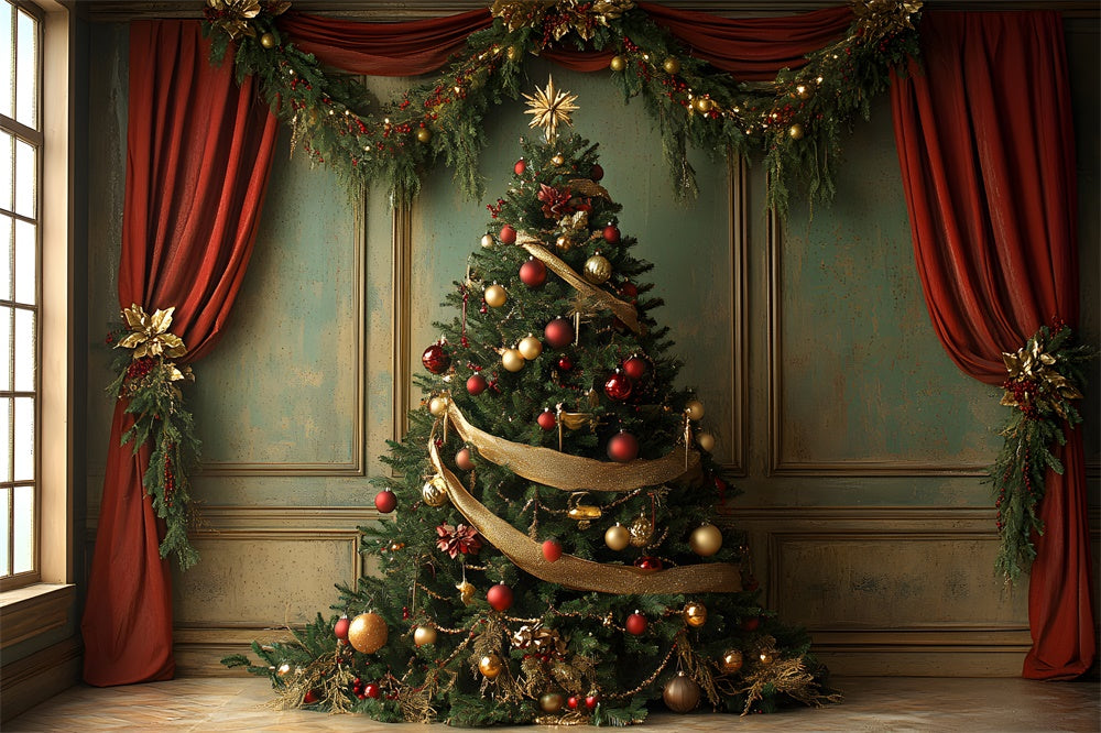 Toile de fond Sapin Rideau Rouge et Guirlande de Noël RR8-93