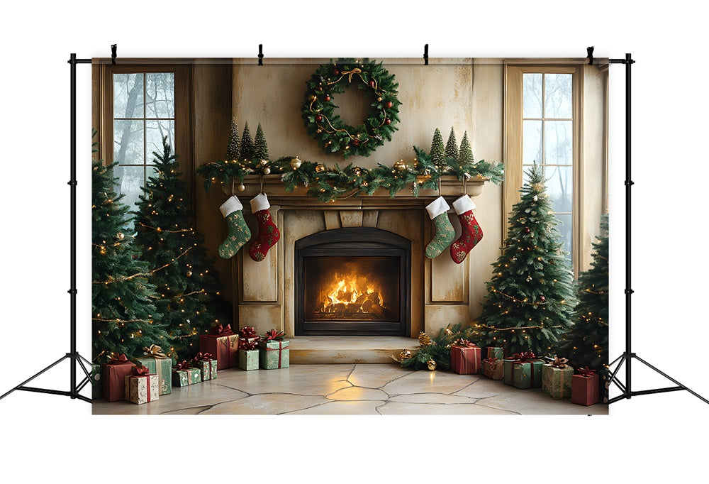 Toile de fond Sapin Cheminée et Chaussettes de Noël RR8-94