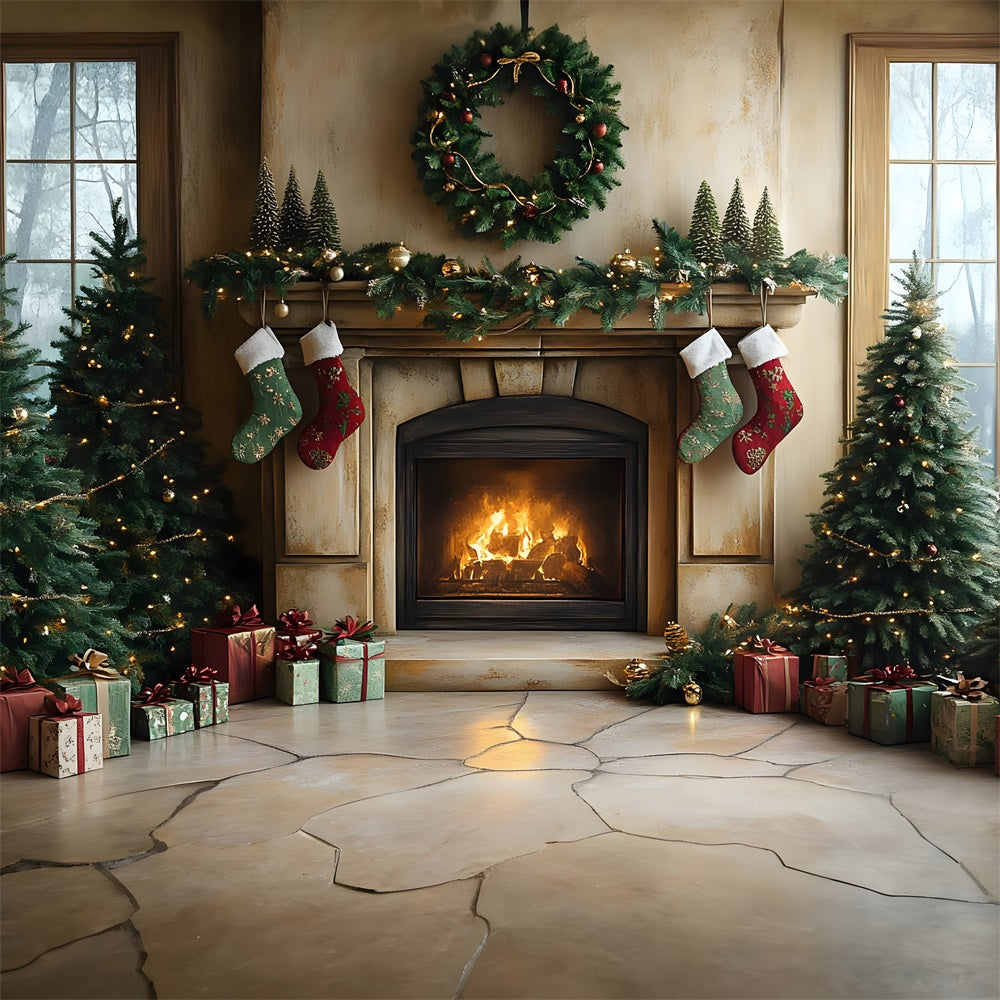 Toile de fond Sapin Cheminée et Chaussettes de Noël RR8-94