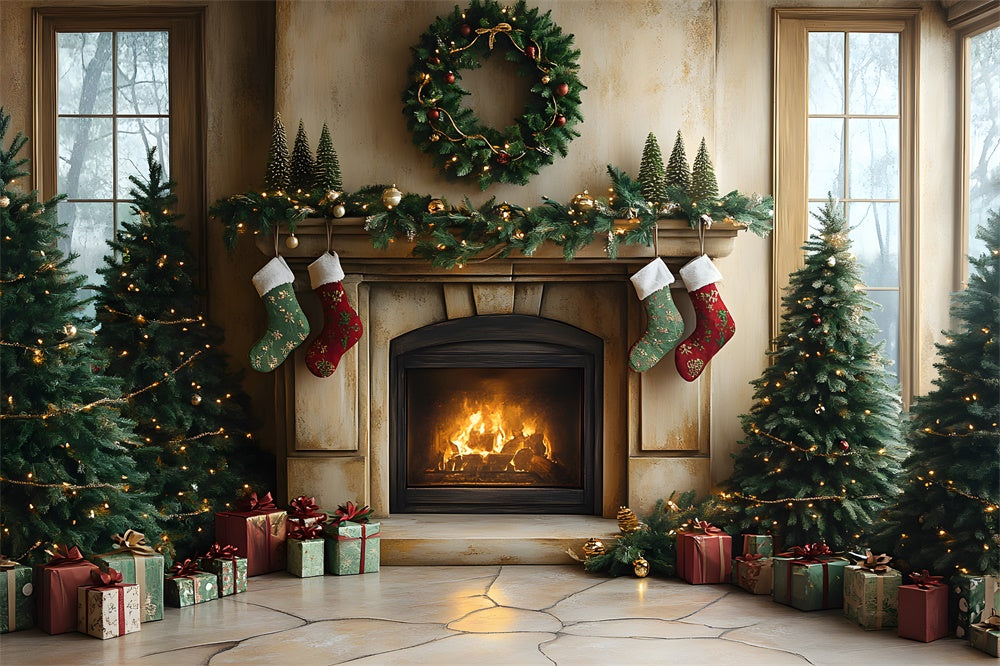 Toile de fond Sapin Cheminée et Chaussettes de Noël RR8-94
