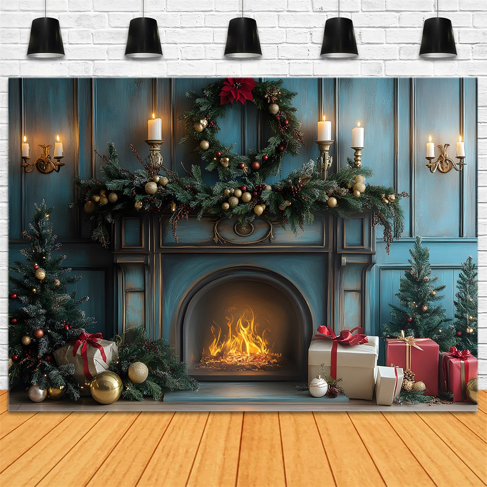 Toile de fond Bougies Cadeaux Cheminée de Noël RR8-98