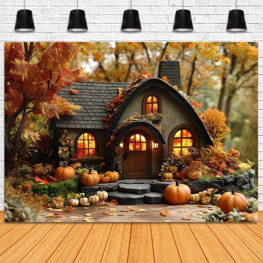 Toile de fond Maison en bois en forêt automnale avec citrouilles RR9-10