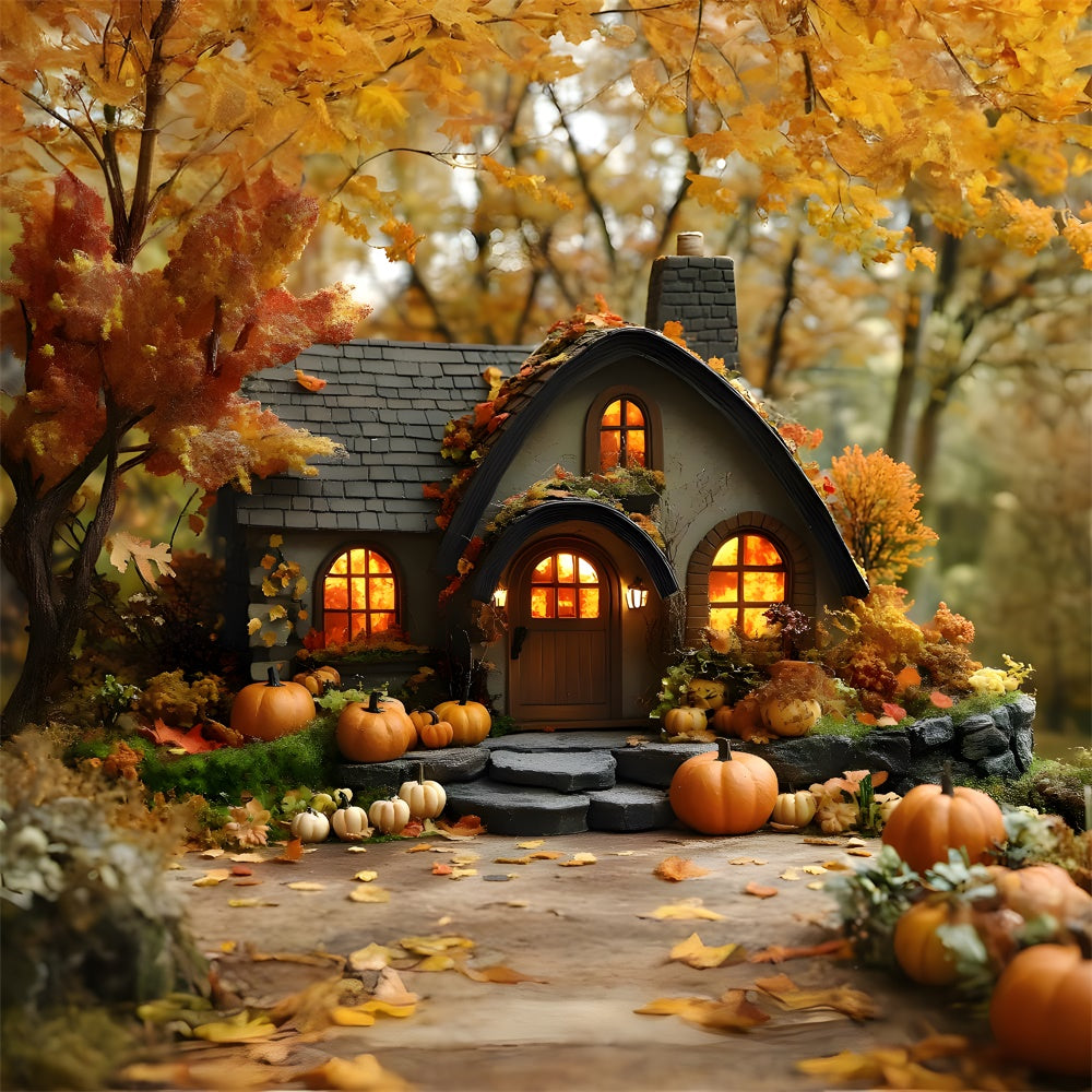 Toile de fond Maison en bois en forêt automnale avec citrouilles RR9-10