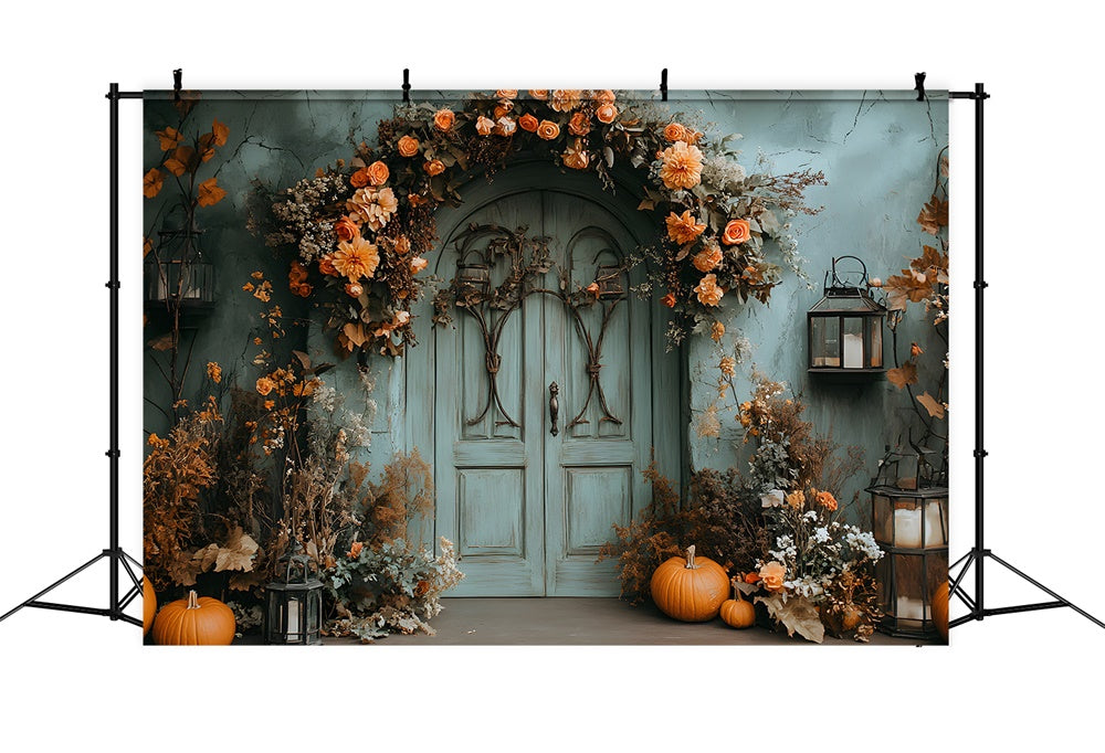 Toile de fond Mur vintage vert avec porte et fleurs automnales RR9-23