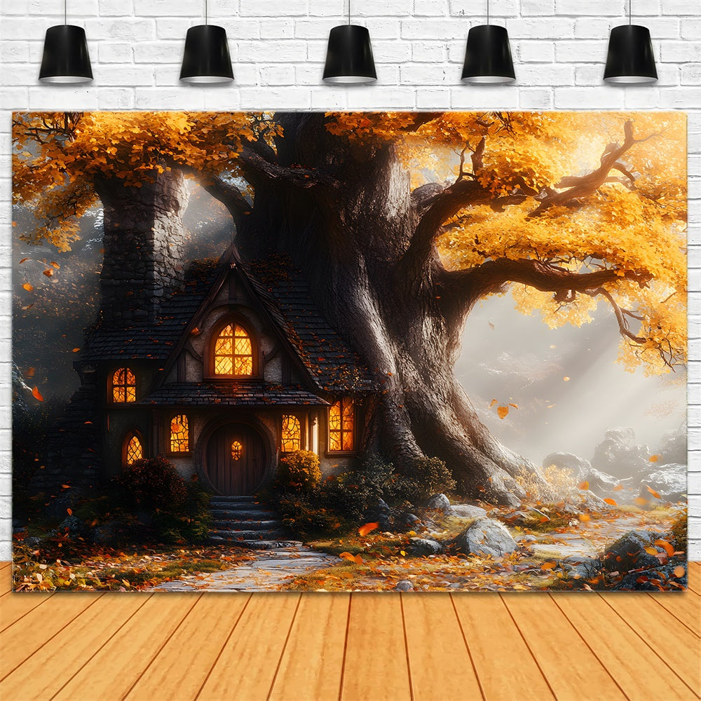 Toile de fond Maison d'arbre en érables avec sentier de pierre automnal RR9-32