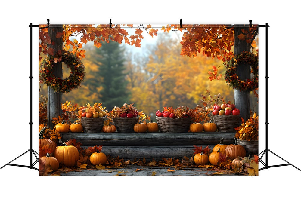 Toile de fond Récolte de fruits et citrouilles avec feuilles d'érable automnales RR9-34