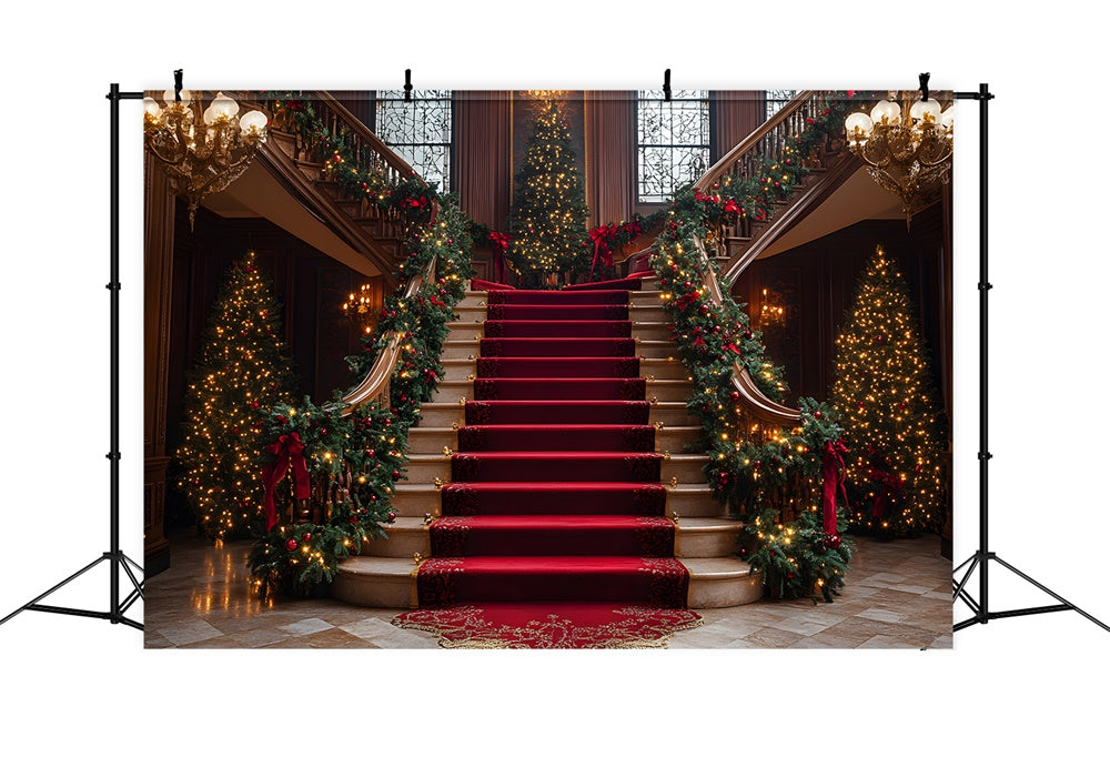 Toile de fond Sapins de Noël dans salon classique avec escaliers RR9-43