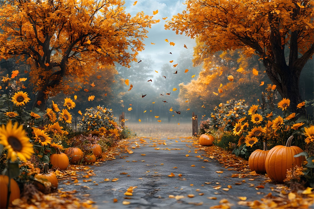 Toile de fond Forêt d'érables avec tournesols et citrouilles automnales RR9-5