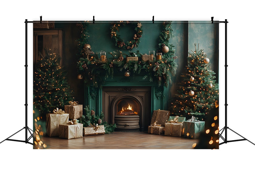 Toile de fond Mur vintage vert avec cheminée de Noël RR9-63
