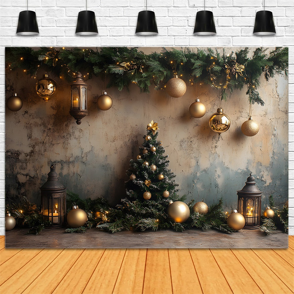 Toile de fond Mur moucheté avec décorations de boules de Noël et guirlandes RR9-73