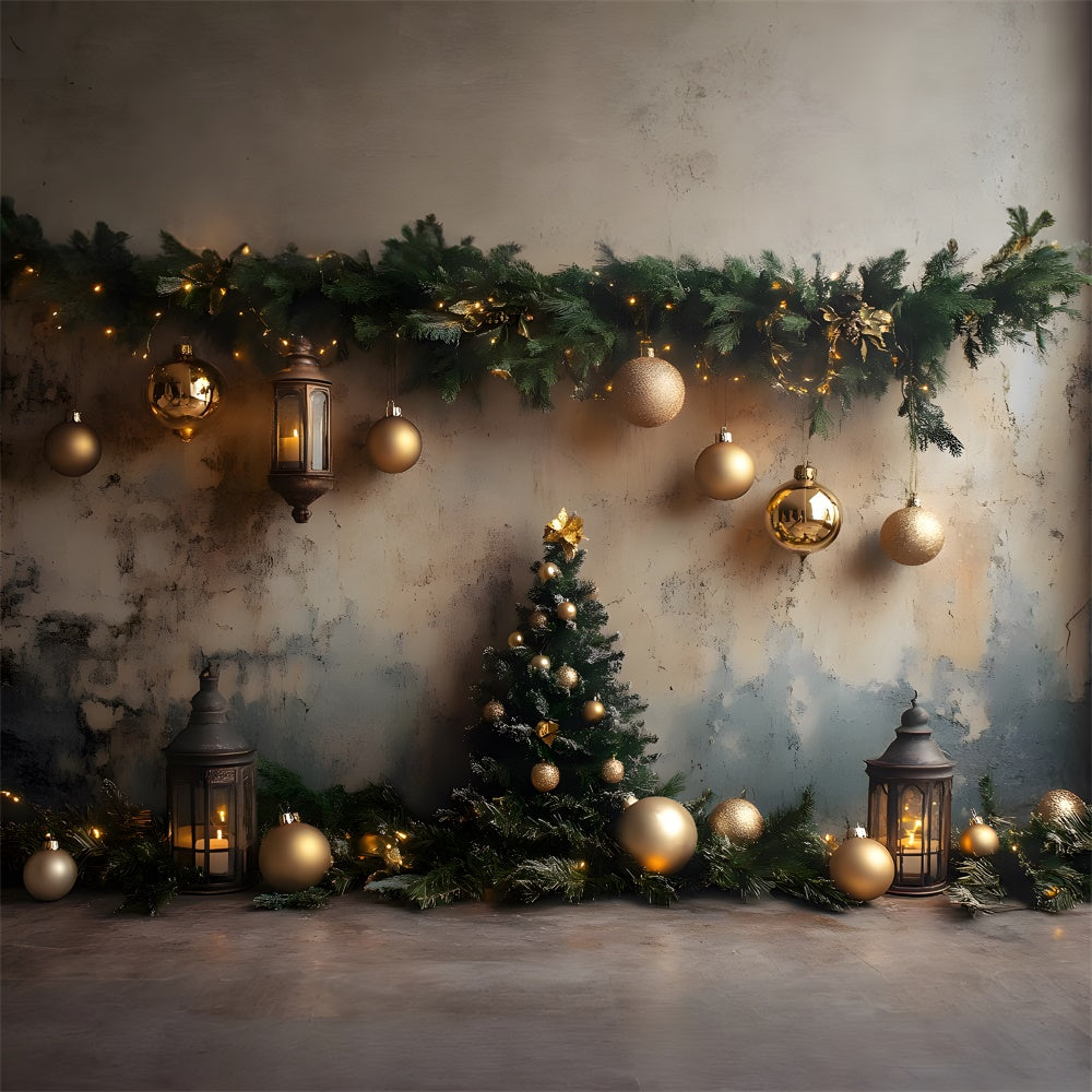 Toile de fond Mur moucheté avec décorations de boules de Noël et guirlandes RR9-73