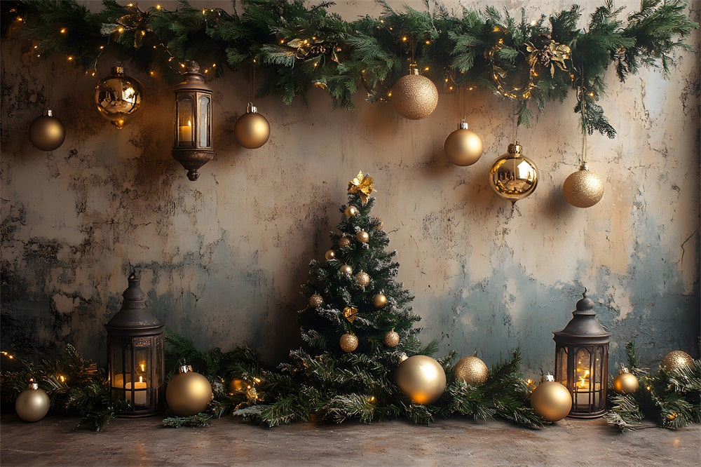 Toile de fond Mur moucheté avec décorations de boules de Noël et guirlandes RR9-73