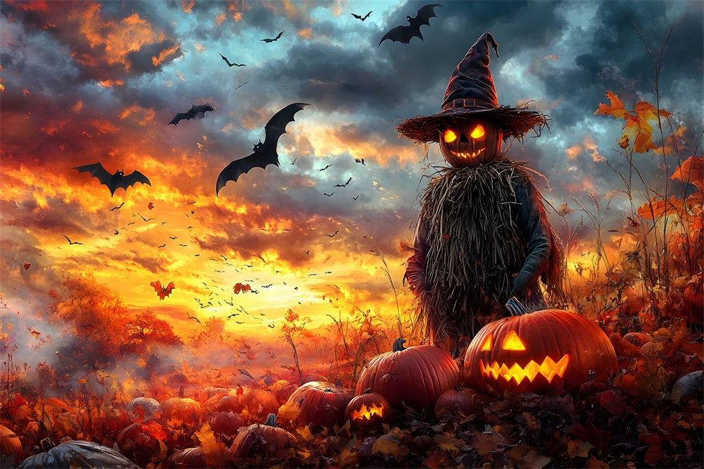 Toile de fond Champ de citrouilles avec épouvantail maléfique d'Halloween RR9-88