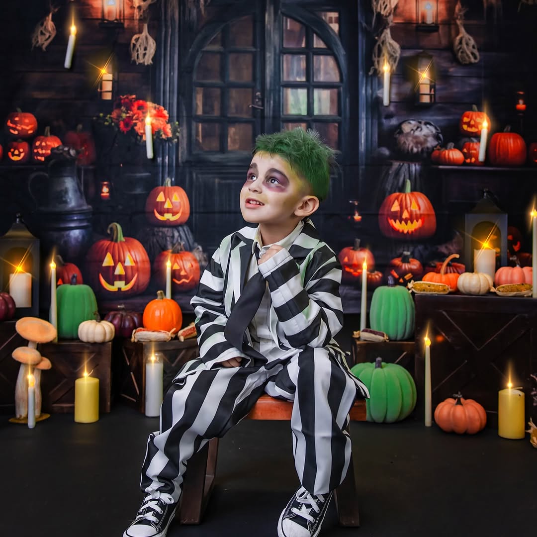 Toile de Fond de Citrouilles de Maison en Bois d'Halloween RR7-99