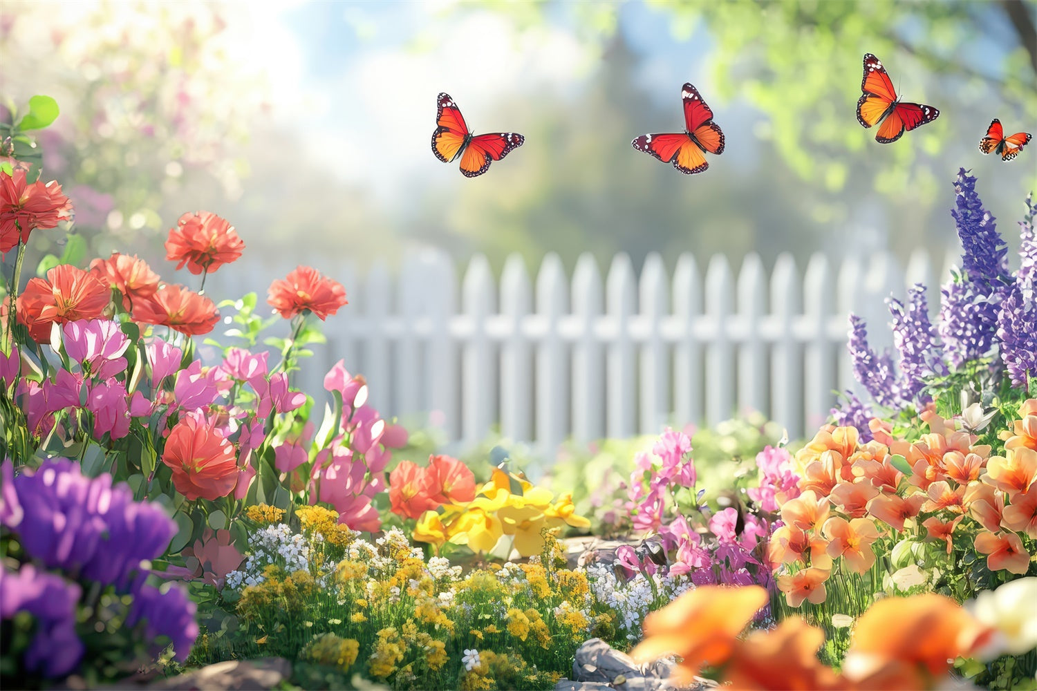 Fond Photo Printemps Jardin de Papillons Clôture Blanche TWW2-34