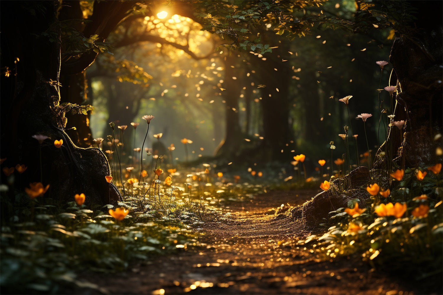 Fond Photo Printemps Sentier Fleuri Ensoleillé Forêt TWW2-37