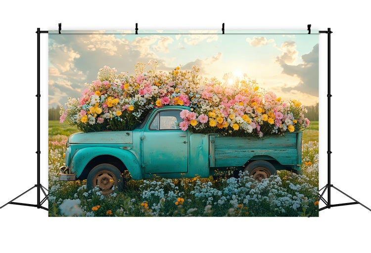Fond Photo Printemps Camion Vintage Fleurs Sauvages Vibrantes TWW2-40