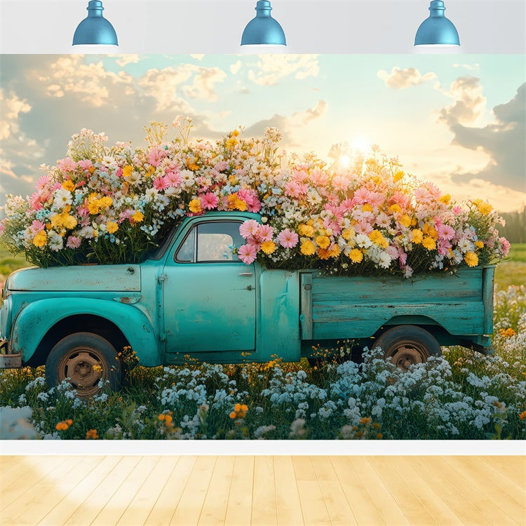 Fond Photo Printemps Camion Vintage Fleurs Sauvages Vibrantes TWW2-40