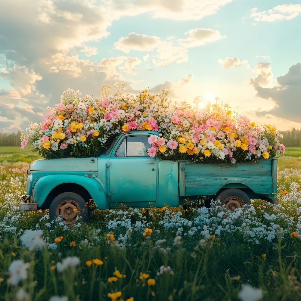 Fond Photo Printemps Camion Vintage Fleurs Sauvages Vibrantes TWW2-40