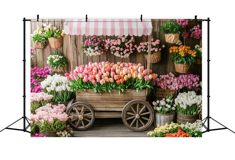 Fond Photo Printemps Chariot en Bois Rustique Tulipes TWW2-5