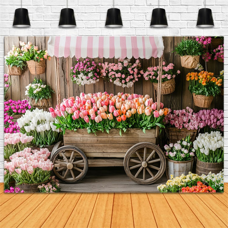 Fond Photo Printemps Chariot en Bois Rustique Tulipes TWW2-5