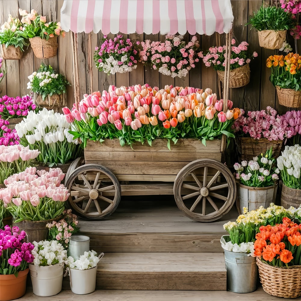 Fond Photo Printemps Chariot en Bois Rustique Tulipes TWW2-5