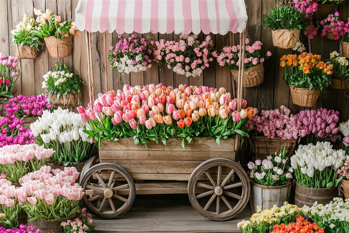 Fond Photo Printemps Chariot en Bois Rustique Tulipes TWW2-5