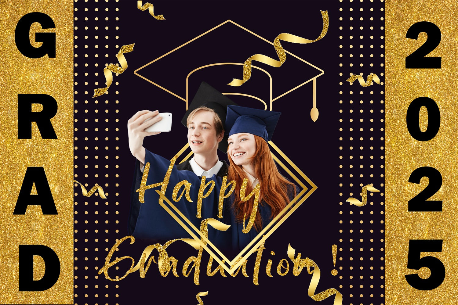 Toile de fond de remise des diplômes 2025 Chapeau pailleté Ruban personnalisé TWW3-100
