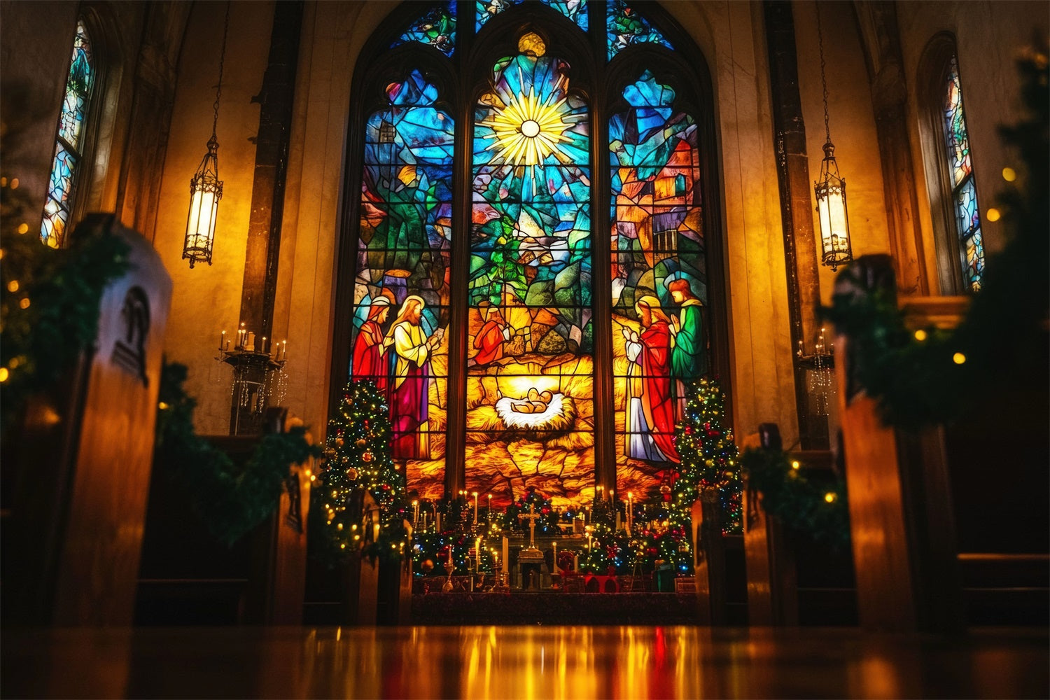 Toile de fond paque Scène de la Nativité Vitrail TWW3-3