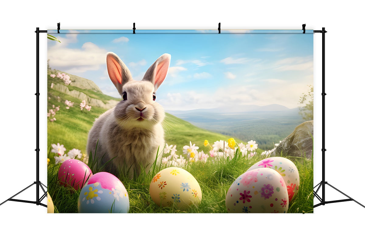 Toile de fond paques Colline Printanière Lapin Heureux TWW3-33