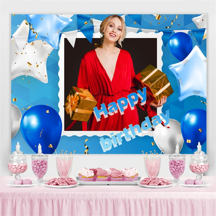 Toile de fond Deco Anniversaire Personnalisé Cadeau Doré Ballons Bleus TWW3-66