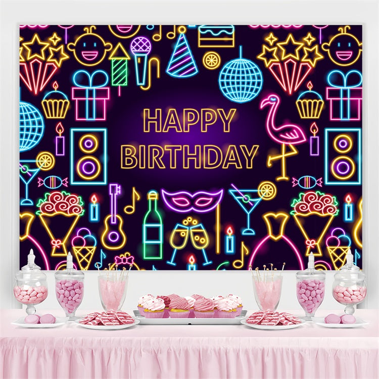 Toile de fond Photo Anniversaire Personnalisable Icônes Néon Rétro TWW3-68