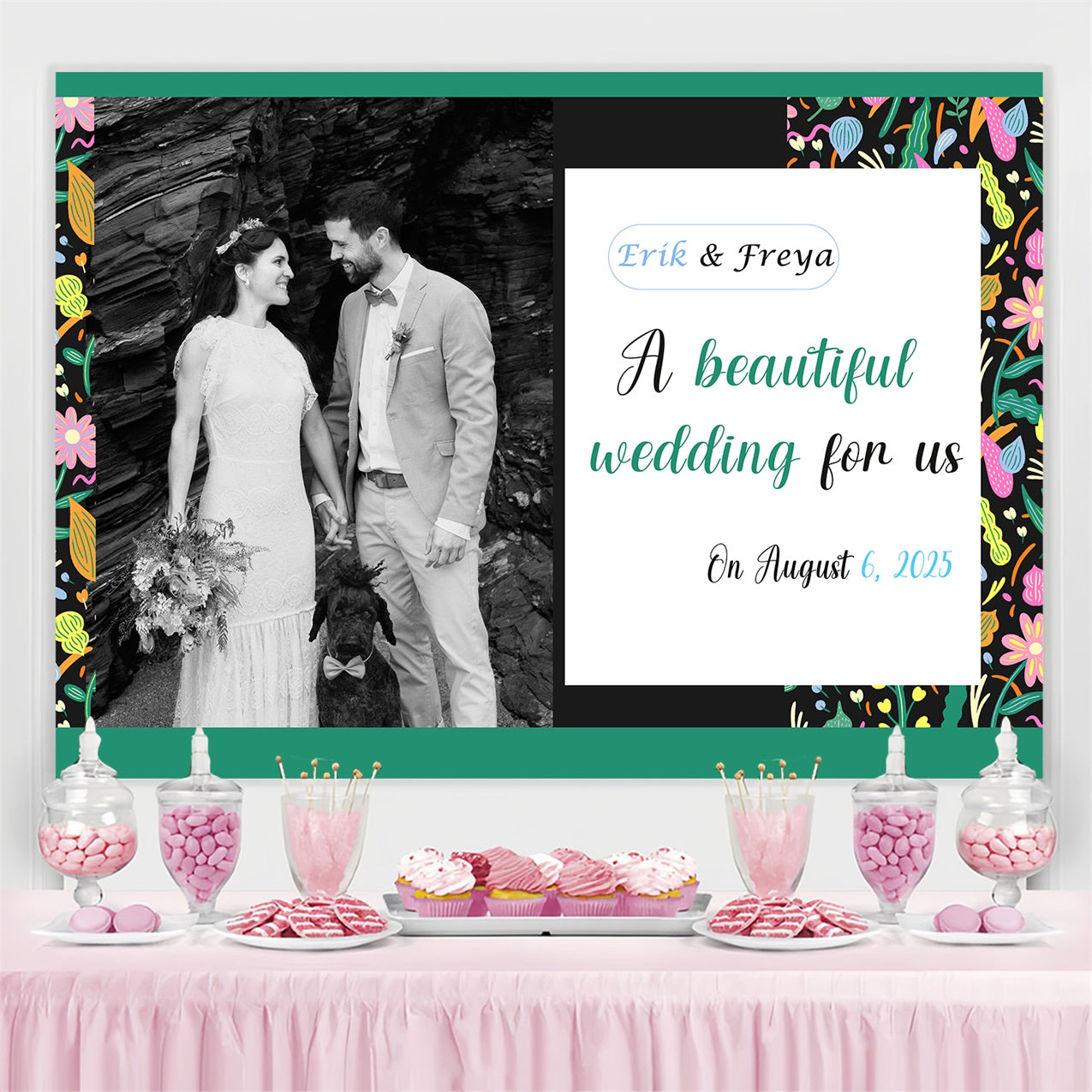 Toile de fond Mariage Personnalisable Cadre Floral Élégant TWW3-87