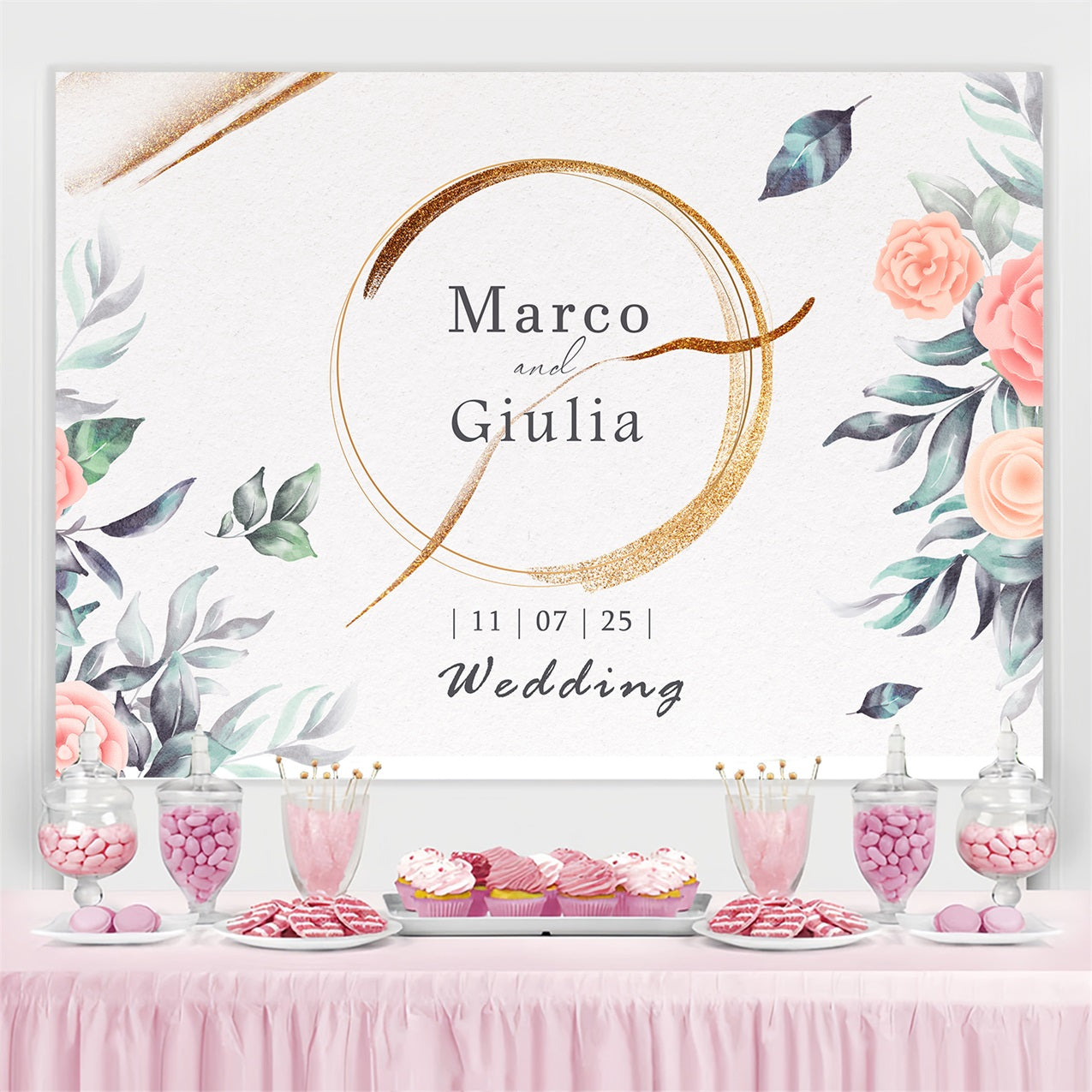 Toile de fond Personnalisée Mariage Personnalisable Roses Élégantes TWW3-88