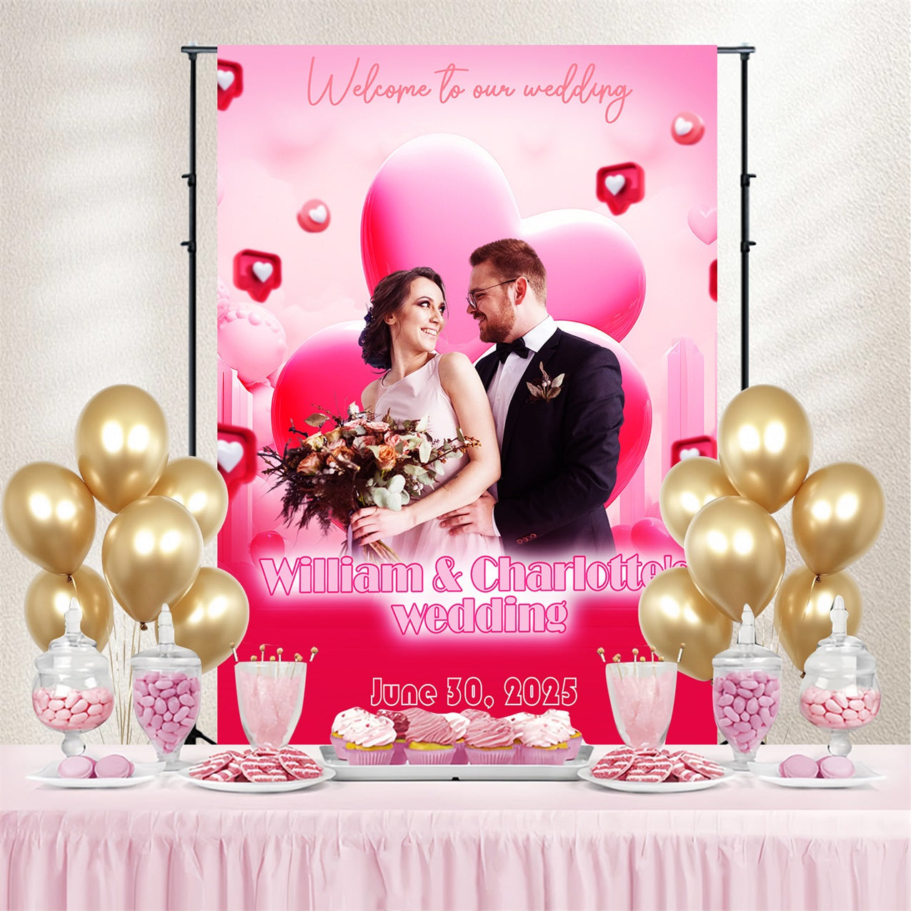 Toile de fond Photo Mariage Personnalisé Cœur Rose Amour TWW3-93