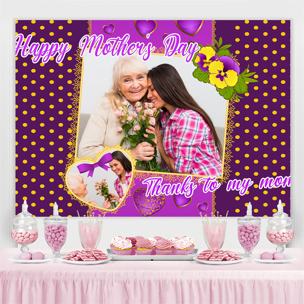 Toile de fond Fête des Mères Fleurs À Pois Violettes Personnalisée TWW4-7