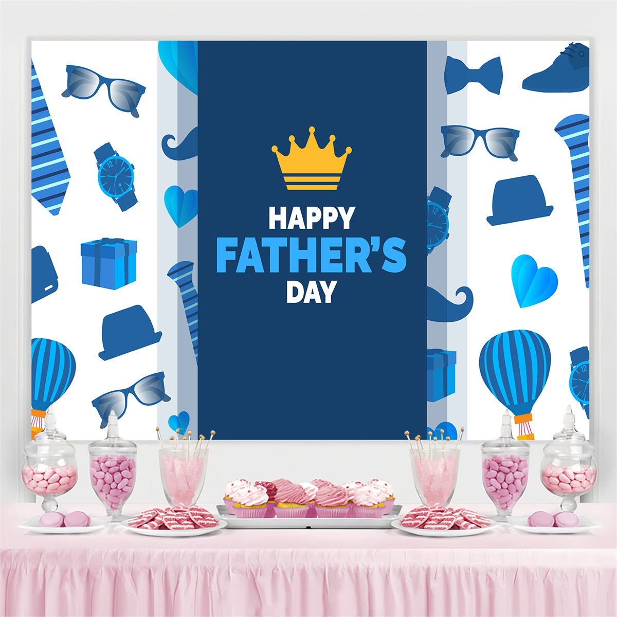 Toile de fond Fête des Pères Icônes Cadeaux Bleus Couronne Personnalisée TWW4-90