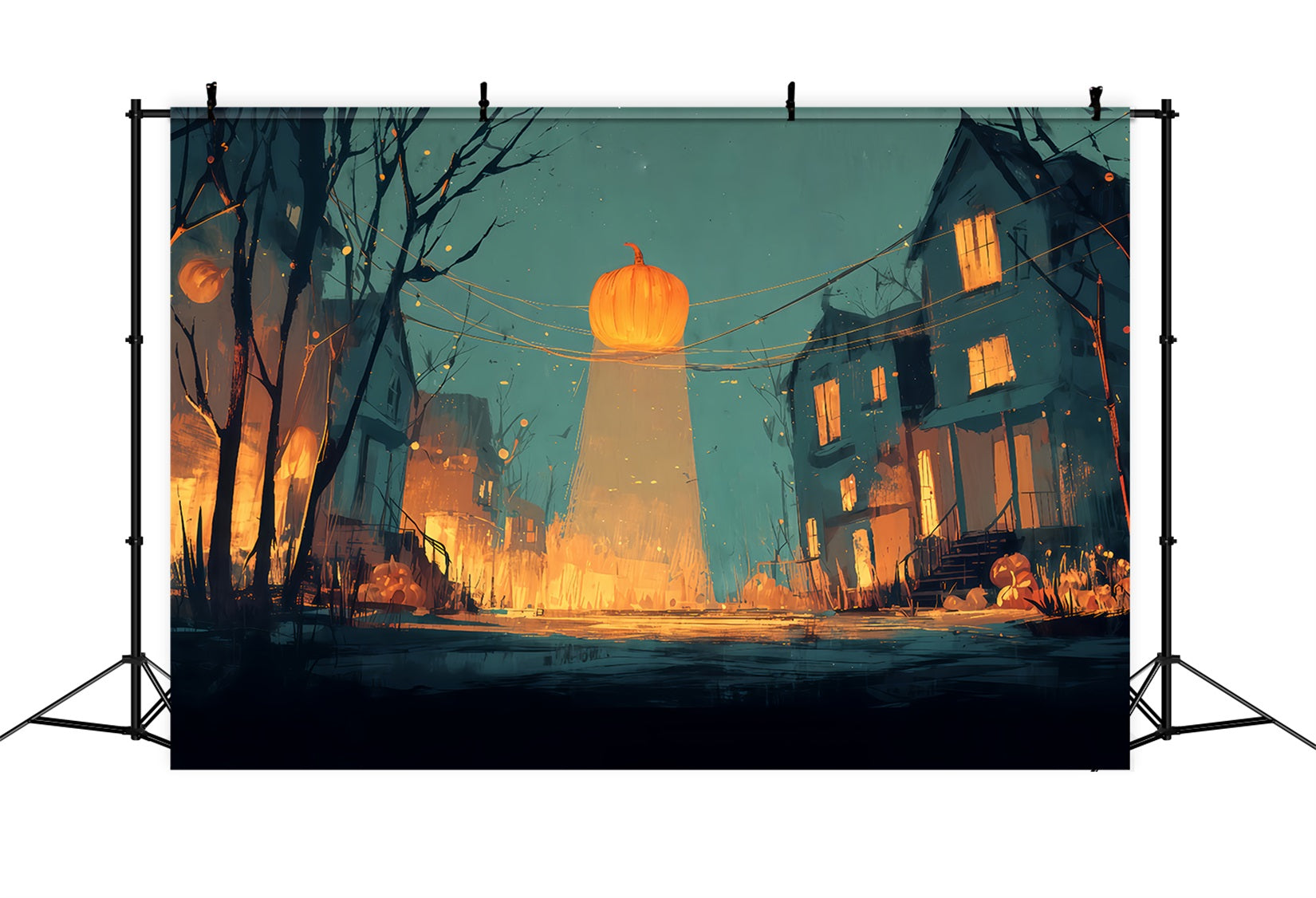 Toiles de fond effrayantes pour Halloween Rue aux citrouilles lumineuses Toile de fond pour photos Halloween à la tombée de la nuit TWW510-14